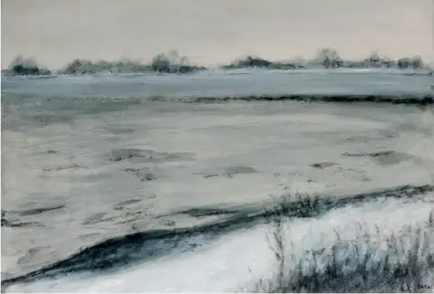 Rhein - Eine atmosphärische Darstellung des Flusses in Acryl auf Gipsgrund.