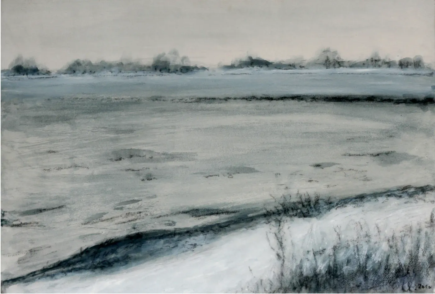 Rhein - Eine atmosphärische Darstellung des Flusses in Acryl auf Gipsgrund.