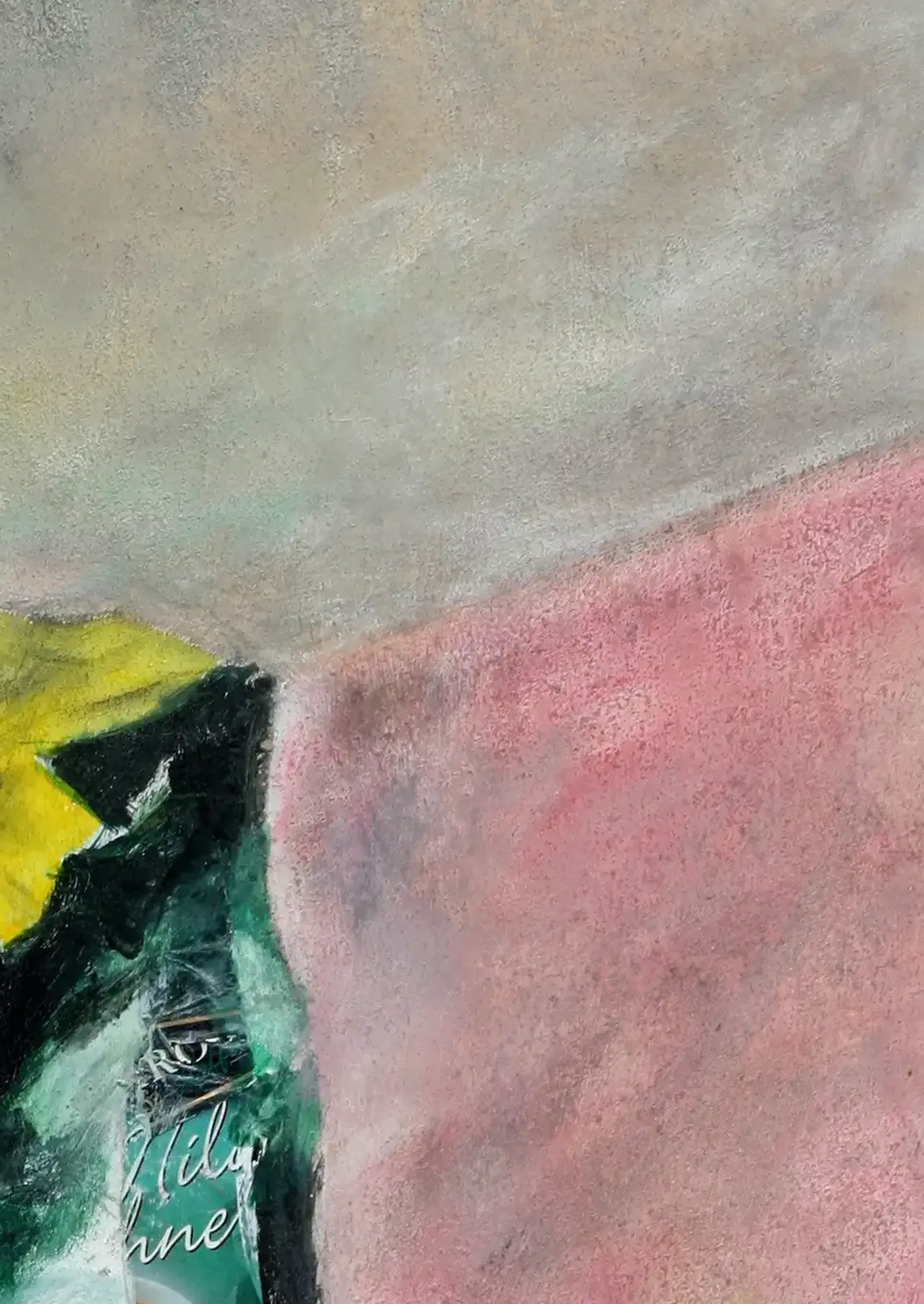 A detailed painting with pink and green tones. (3)