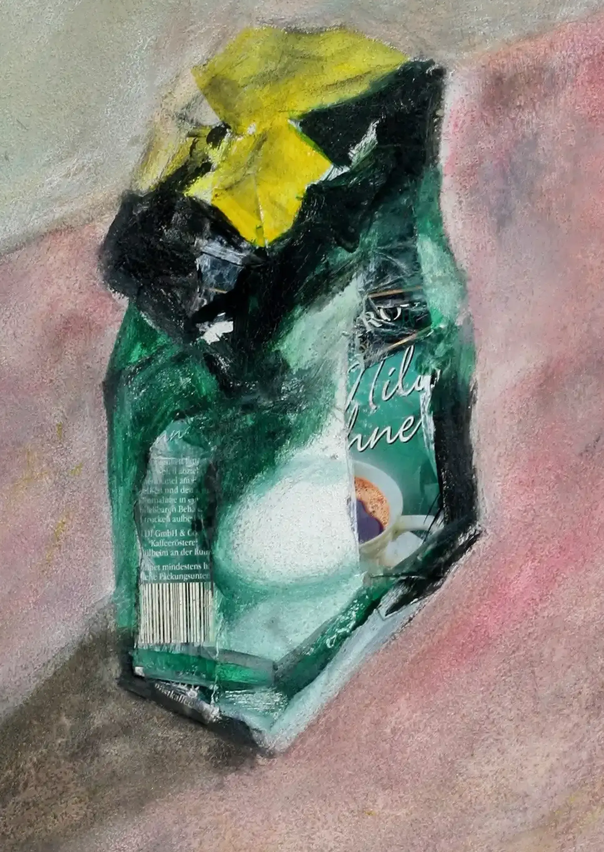 A detailed painting with pink and green tones. (2)