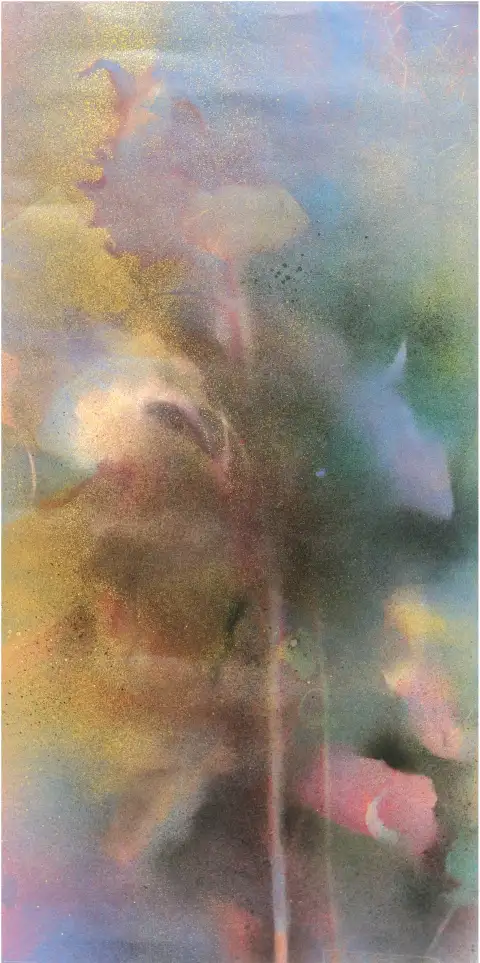 A large-scale spray paint artwork of a sunflower with atmospheric color effects.