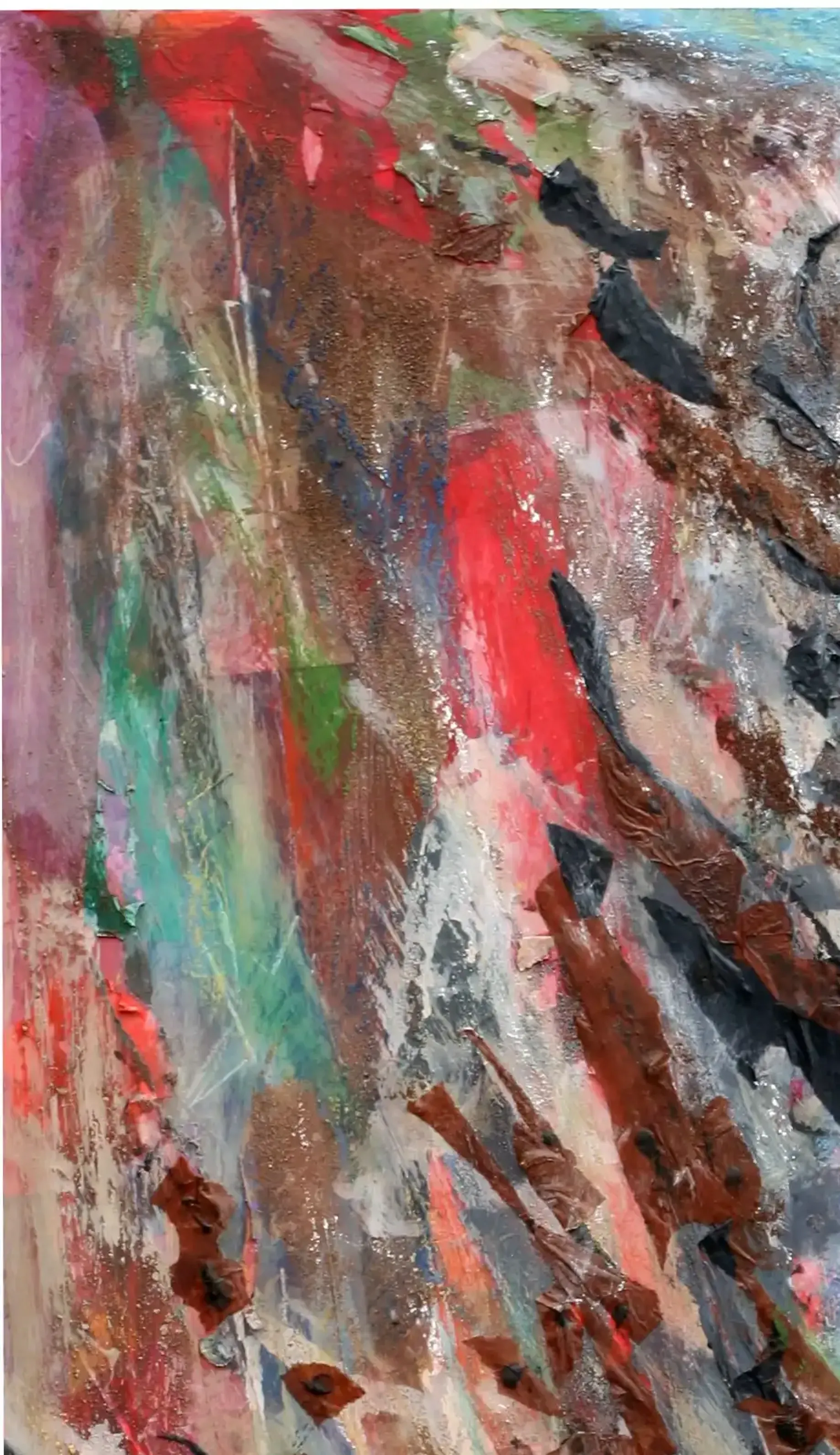 A vertical mixed media artwork depicting the flowing movement of a stream. (3)