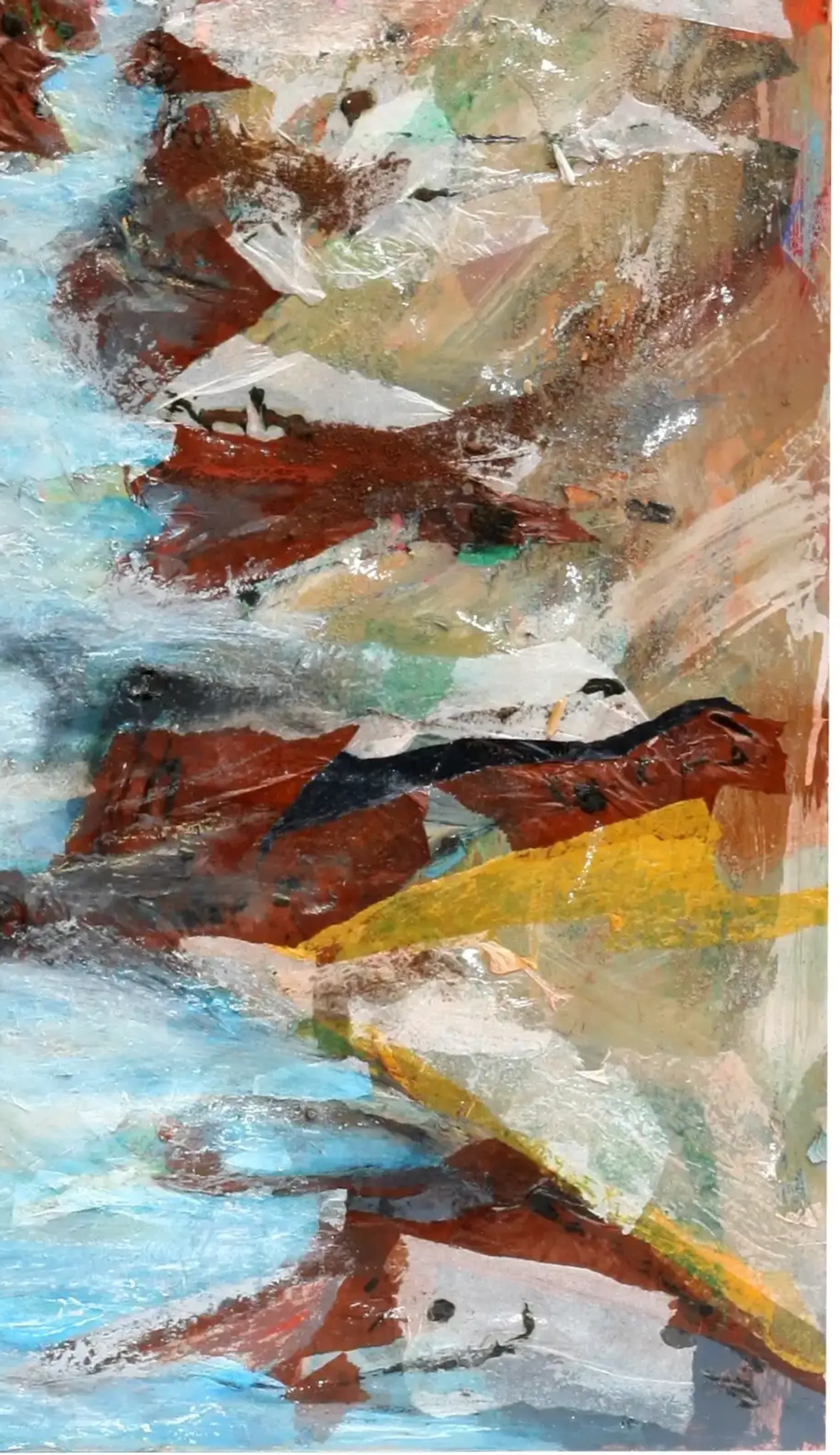 A vertical mixed media artwork depicting the flowing movement of a stream. (2)