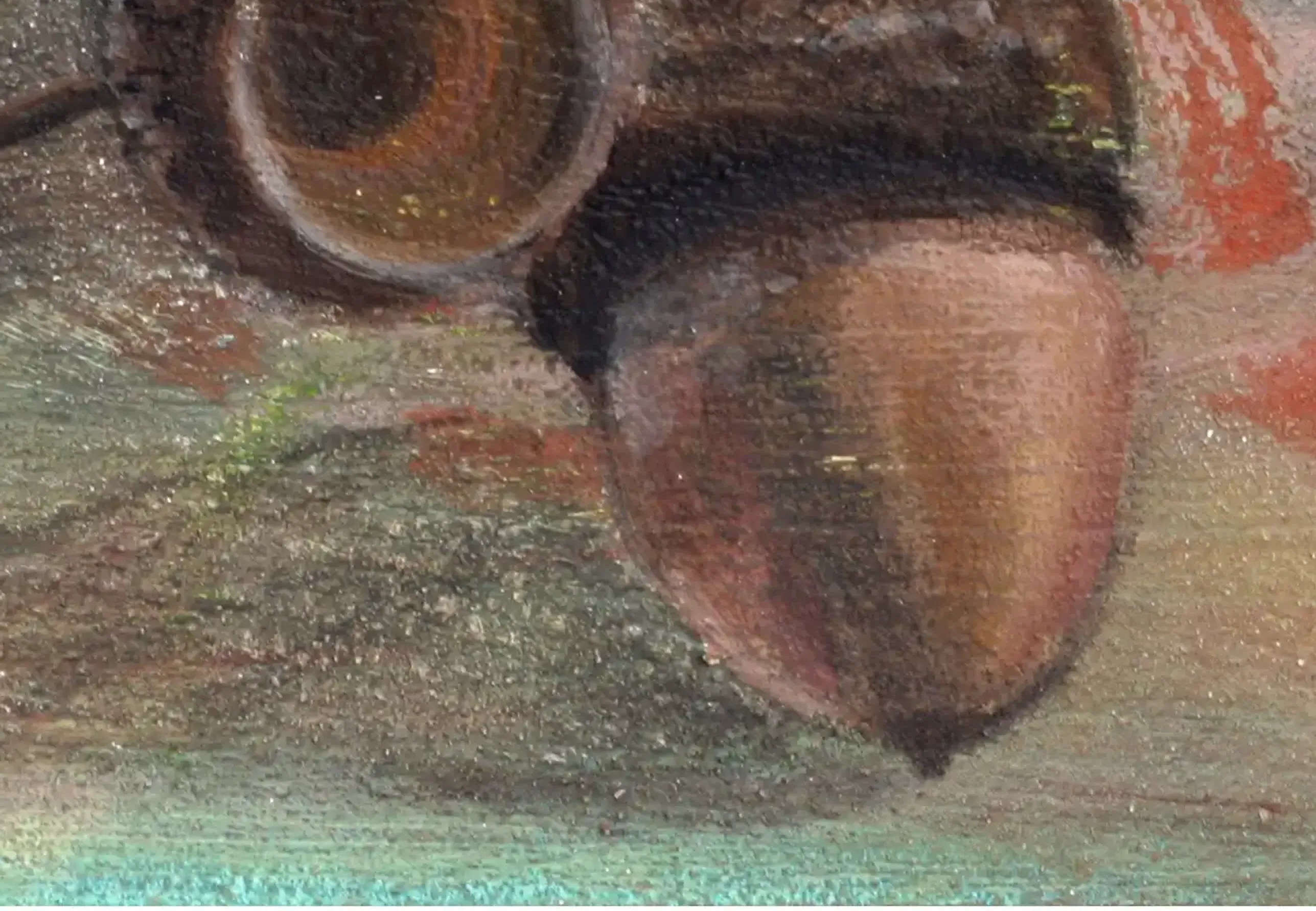 An acrylic painting depicting acorns with rich detail and subtle shading. (2)
