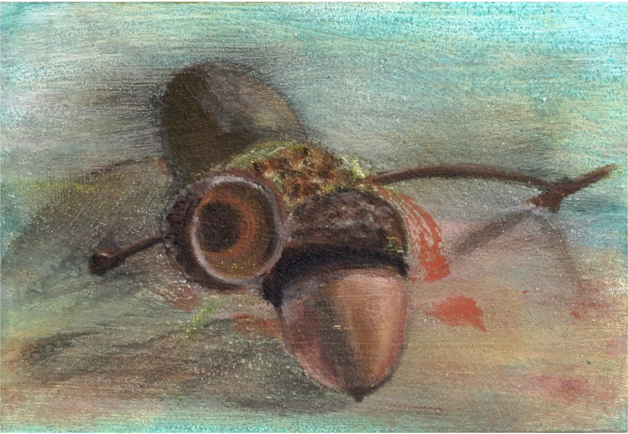 An acrylic painting depicting acorns with rich detail and subtle shading.