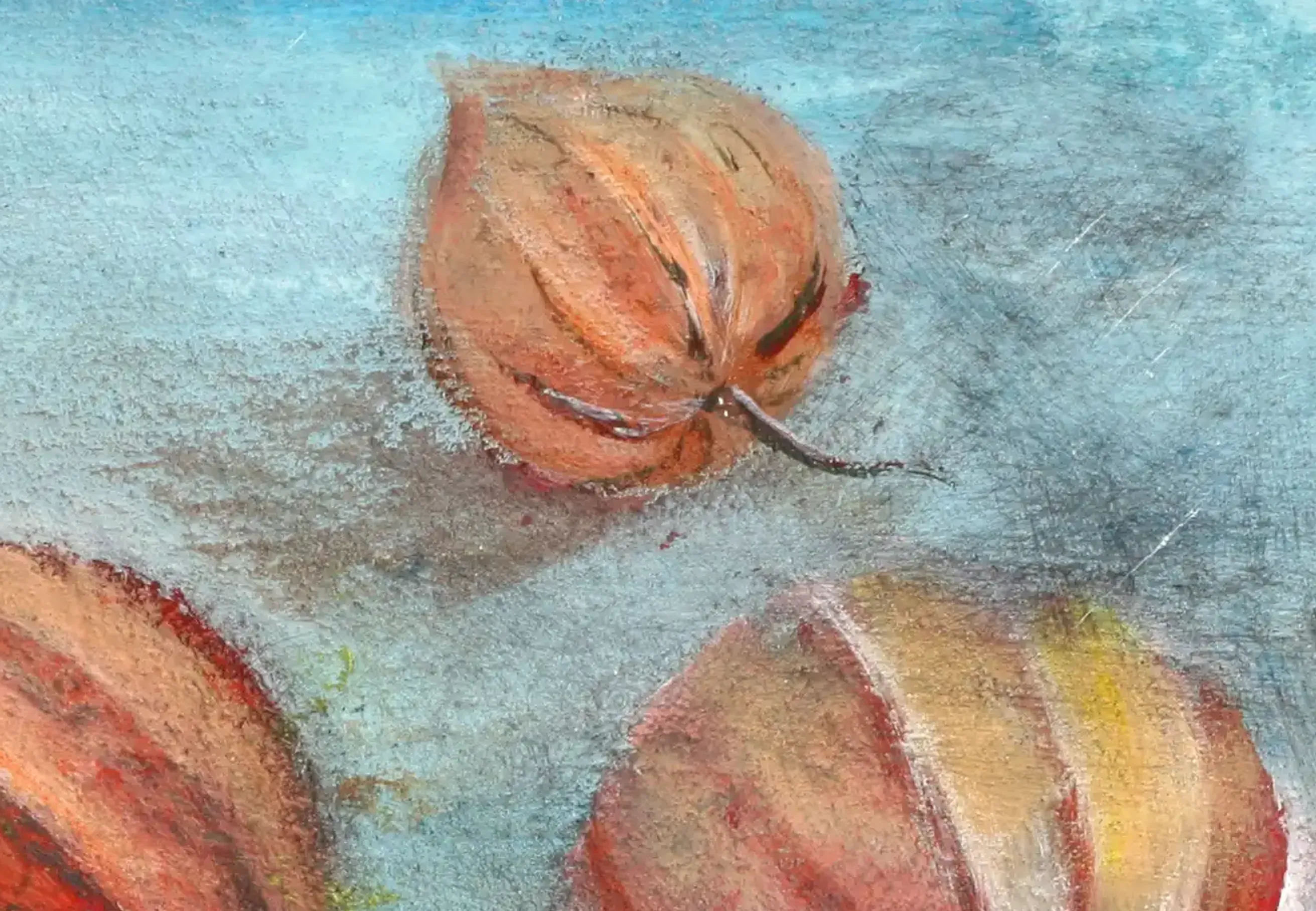 An acrylic painting capturing the delicate lantern structure of a physalis fruit. (3)