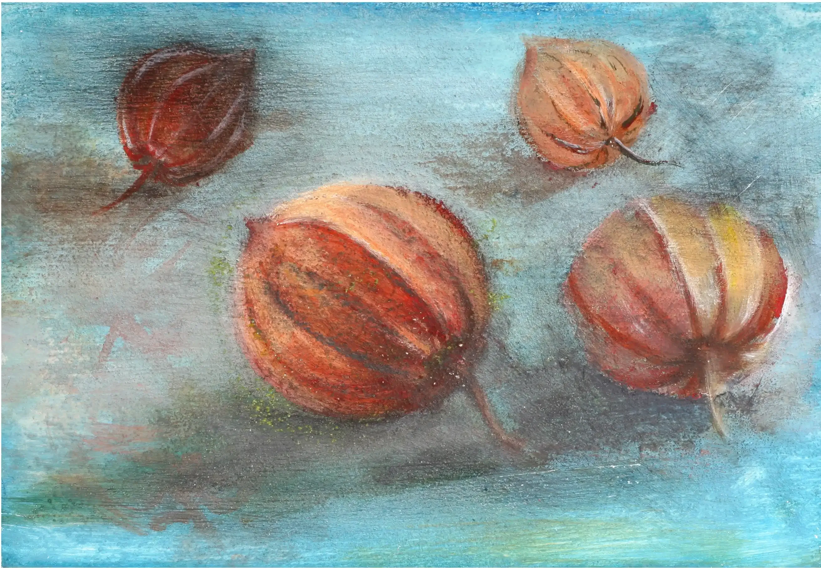 An acrylic painting capturing the delicate lantern structure of a physalis fruit.