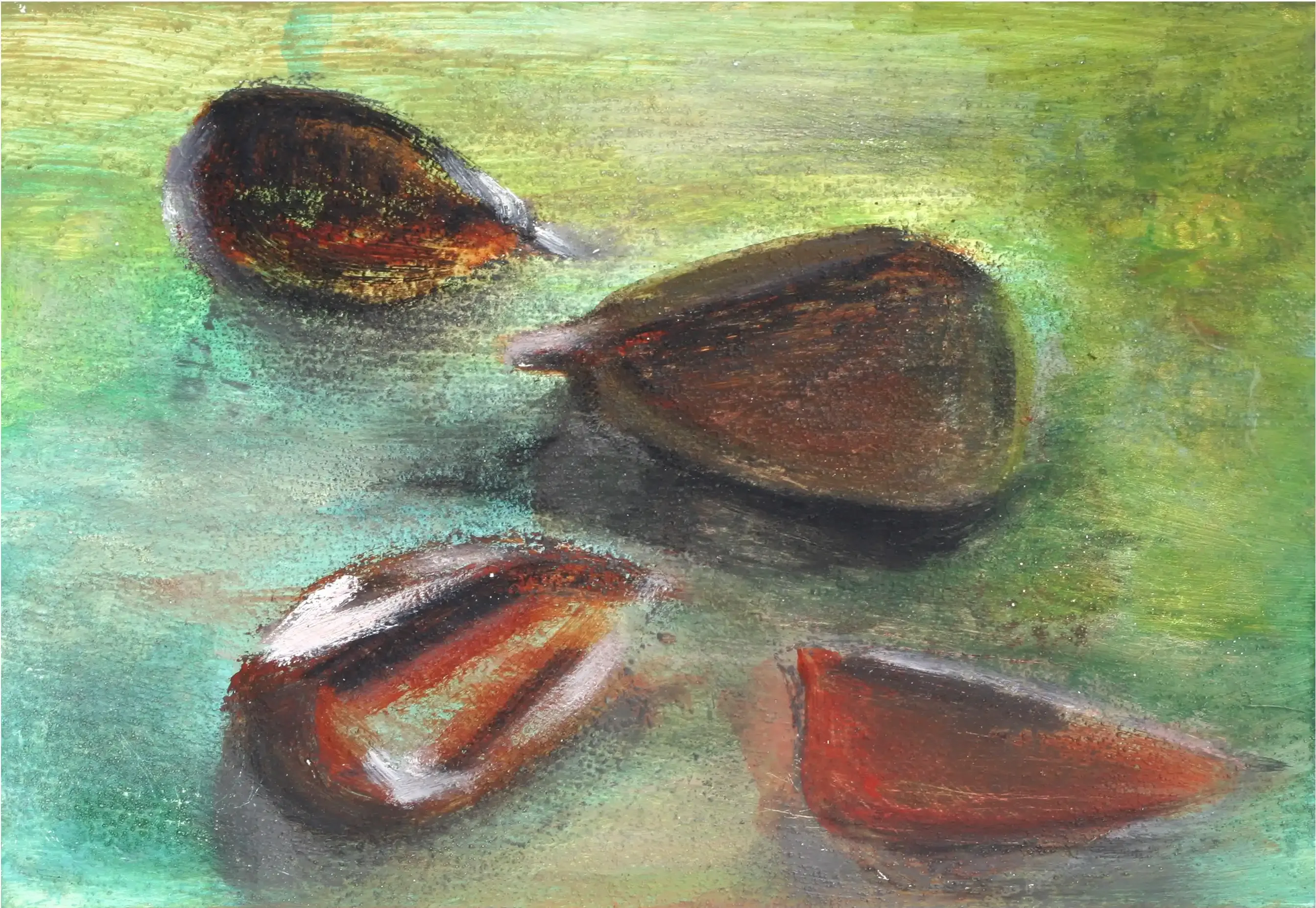 An acrylic painting showcasing the angular forms of beech nuts.