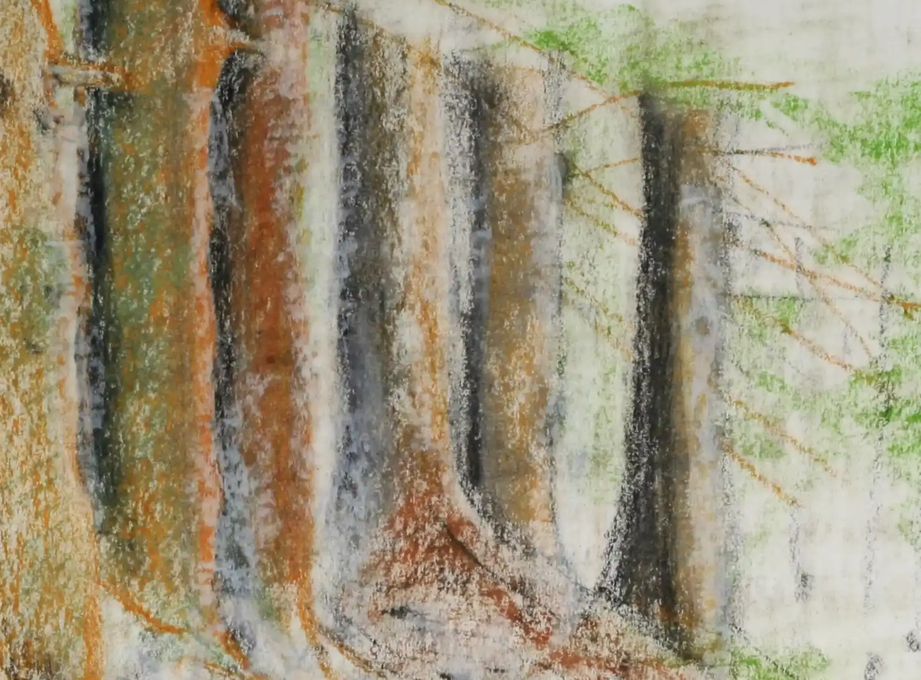 A drawing of tree trunks in sequence using pencil and pastel chalk. (2)