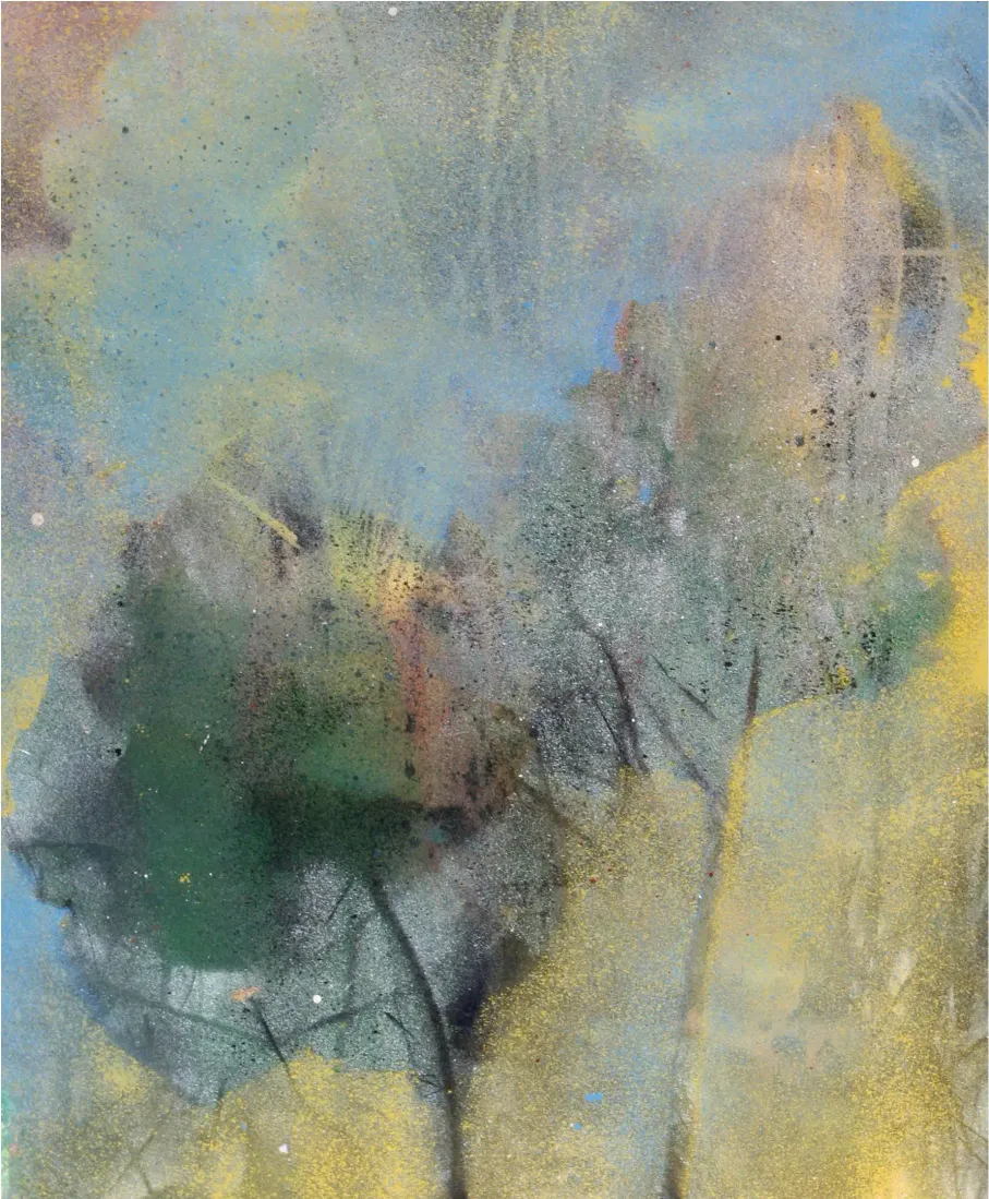 A spray paint artwork featuring an interplay of blue and ochre tones.