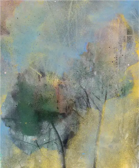 A spray paint artwork featuring an interplay of blue and ochre tones.