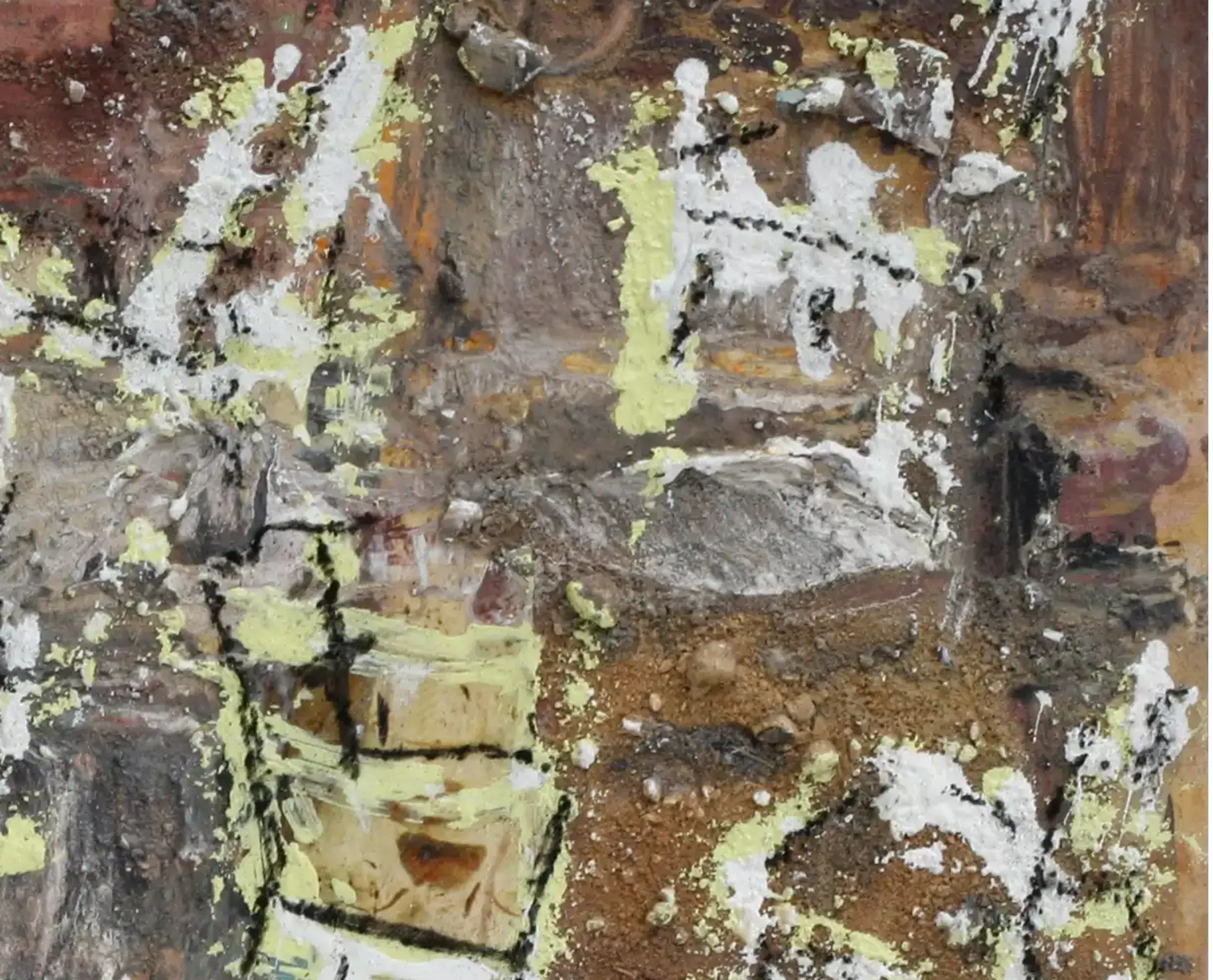 A mixed media artwork featuring a chair composition with acrylic, sand, and collage elements. (3)