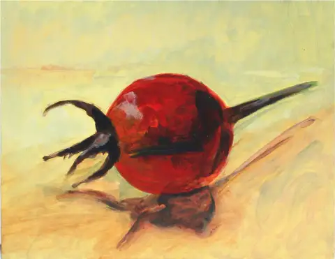 A detailed painting of a rosehip in vibrant colors.