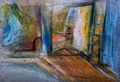 Werkstätten - Eine ausdrucksstarke Darstellung in Ölkreide.