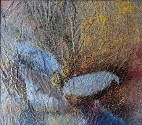 A spray paint artwork depicting leaves with ethereal transparency.