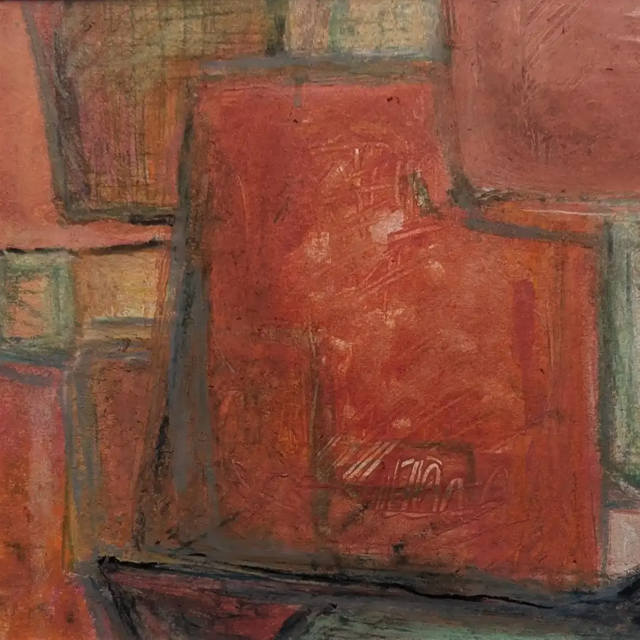 Roter Block - Ausdrucksstarke Komposition in Oelwachskreide