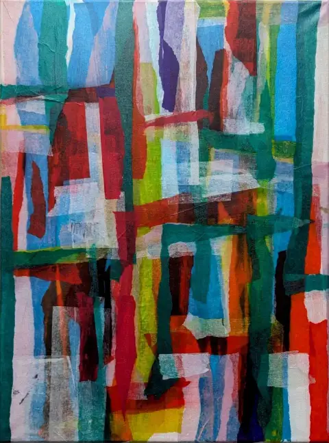 Quartett in blau - rot - Komposition in Seidenpapier übermalt